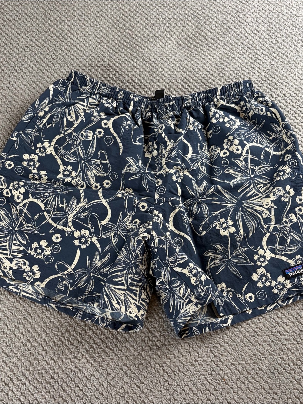 Patagonia Navy and Cream Patterned Swim Shorts medium